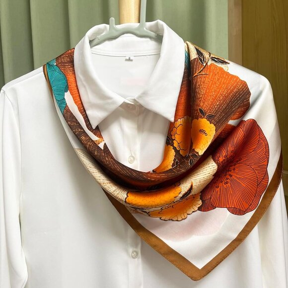 Silk Feel 03 Orange Floral Edge Satin Square Head Scarf for Women Medium 28 Inch - Picture 5 of 7